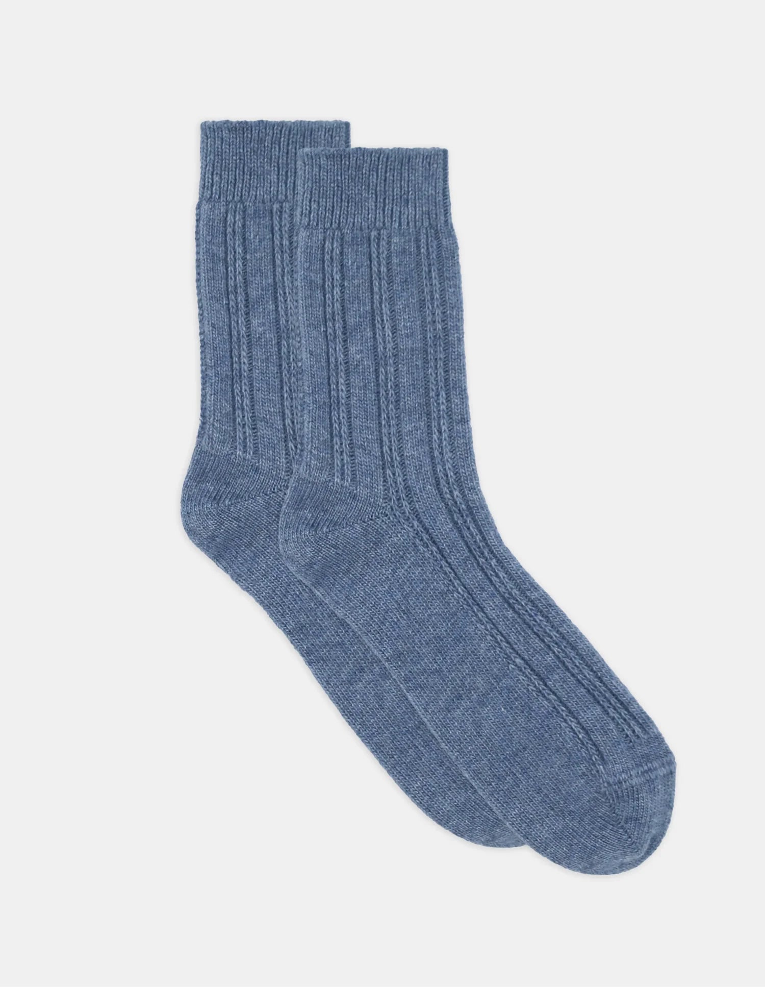 A pair of blue ribbed knit angelina cable crew socks with a textured heathered finish