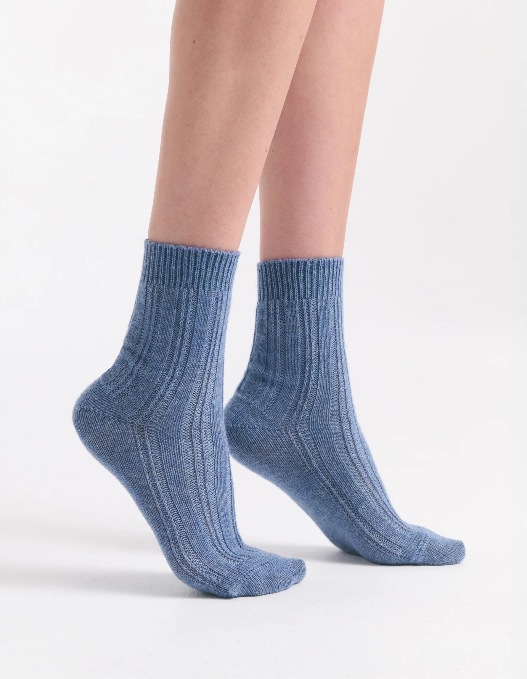 Blue ribbed knit ankle socks with cable crew design for comfortable everyday wear