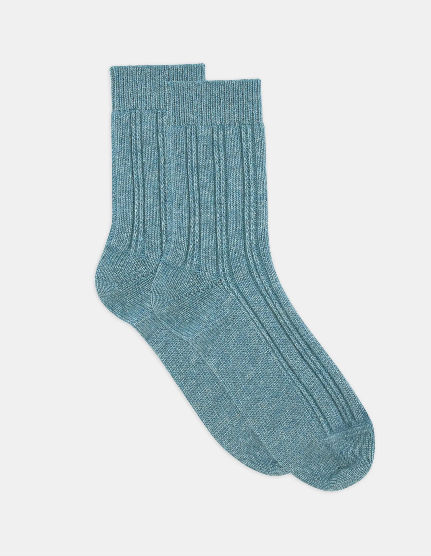 A pair of teal ribbed knit ankle socks with soft textured fabric and subtle heathered finish Angelina Cable Crew Sock