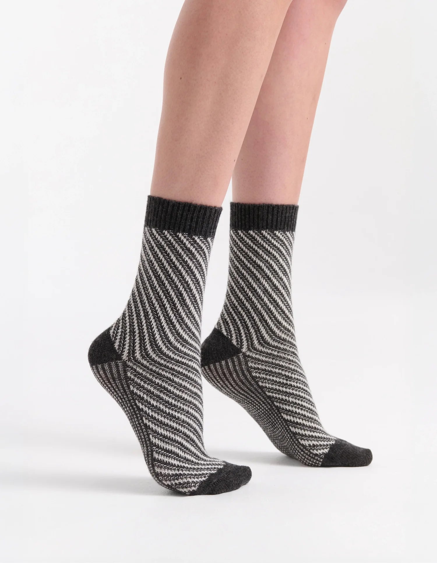 Clara Chevron Crew black and gray striped ankle socks with ribbed cuff
