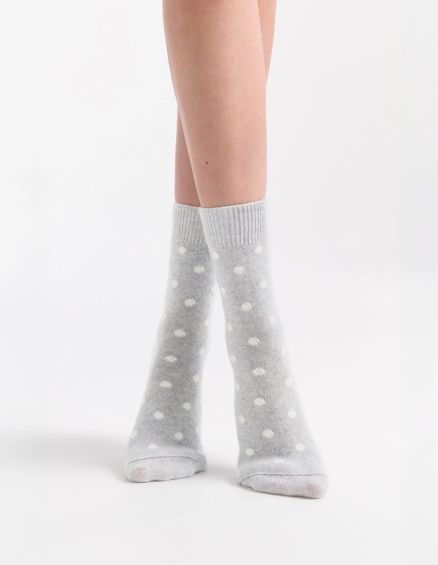 Ilaria Spot Crew Sock: light gray ankle socks with white polka dots