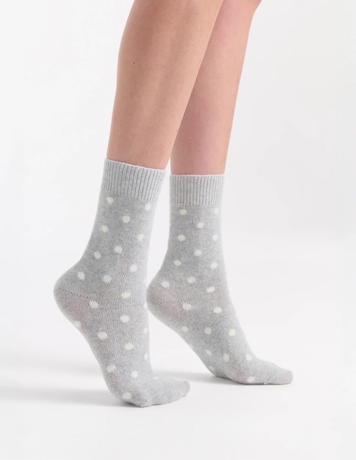 Ilaria Spot Crew Sock: gray ankle socks with white polka dots, soft knit