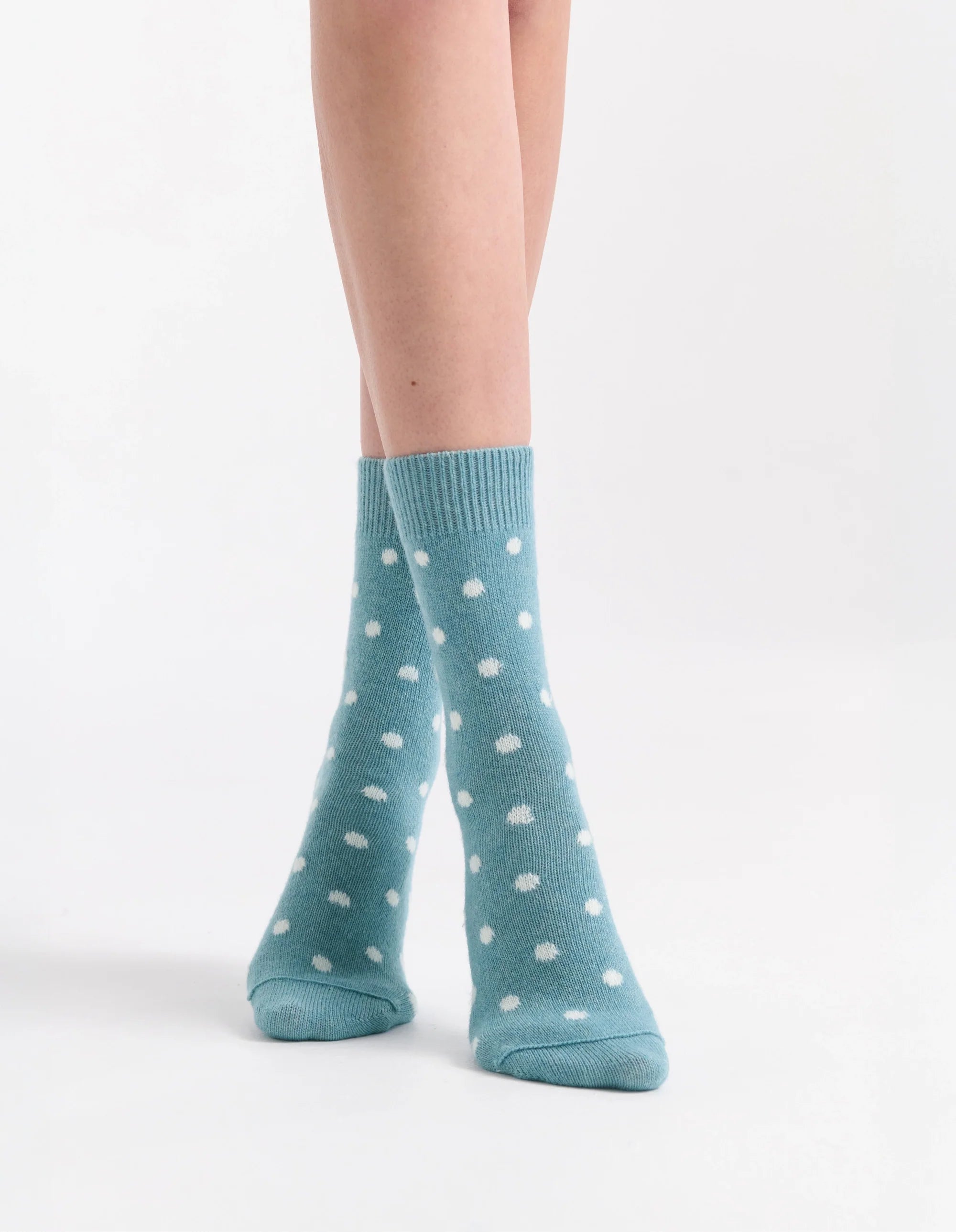 Ilaria Spot Crew Sock: teal polka-dot ankle socks with white dots