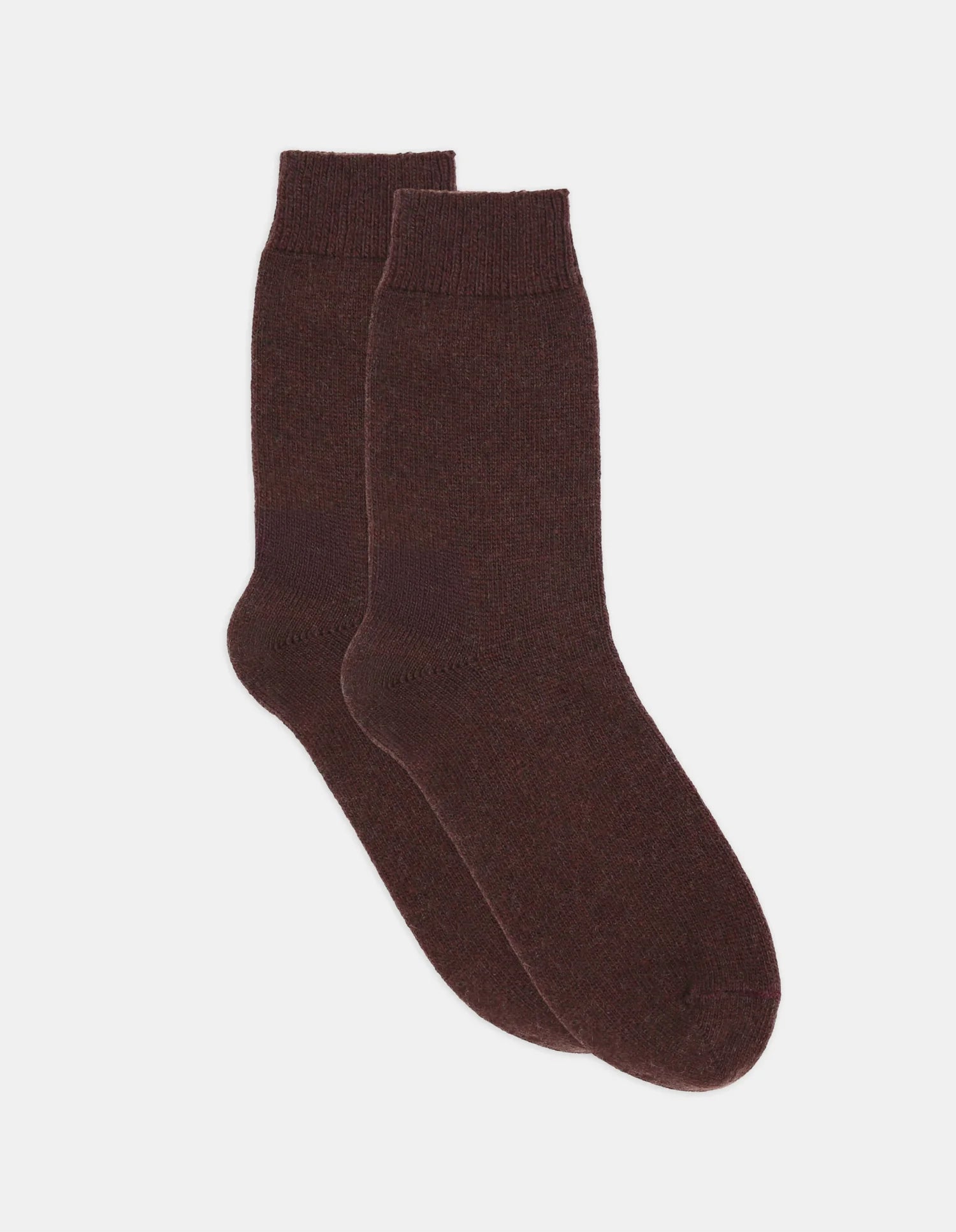 A pair of dark brown pina crew socks with ribbed knit texture and smooth fabric detail