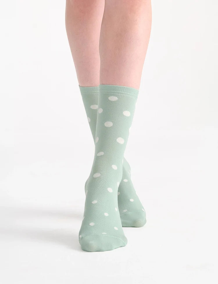 Gigi spot crew sock in mint green with white polka dots a soft cotton blend crew sock for everyday wear