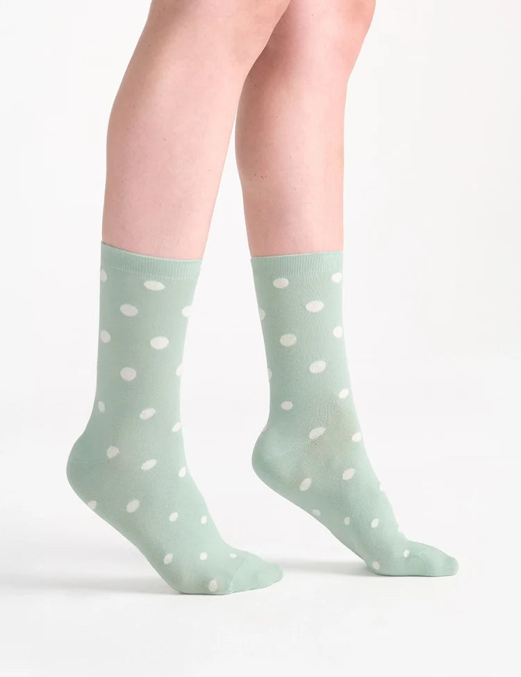 Gigi Spot Crew Sock featuring mint green cotton fabric with white polka dots for casual everyday wear