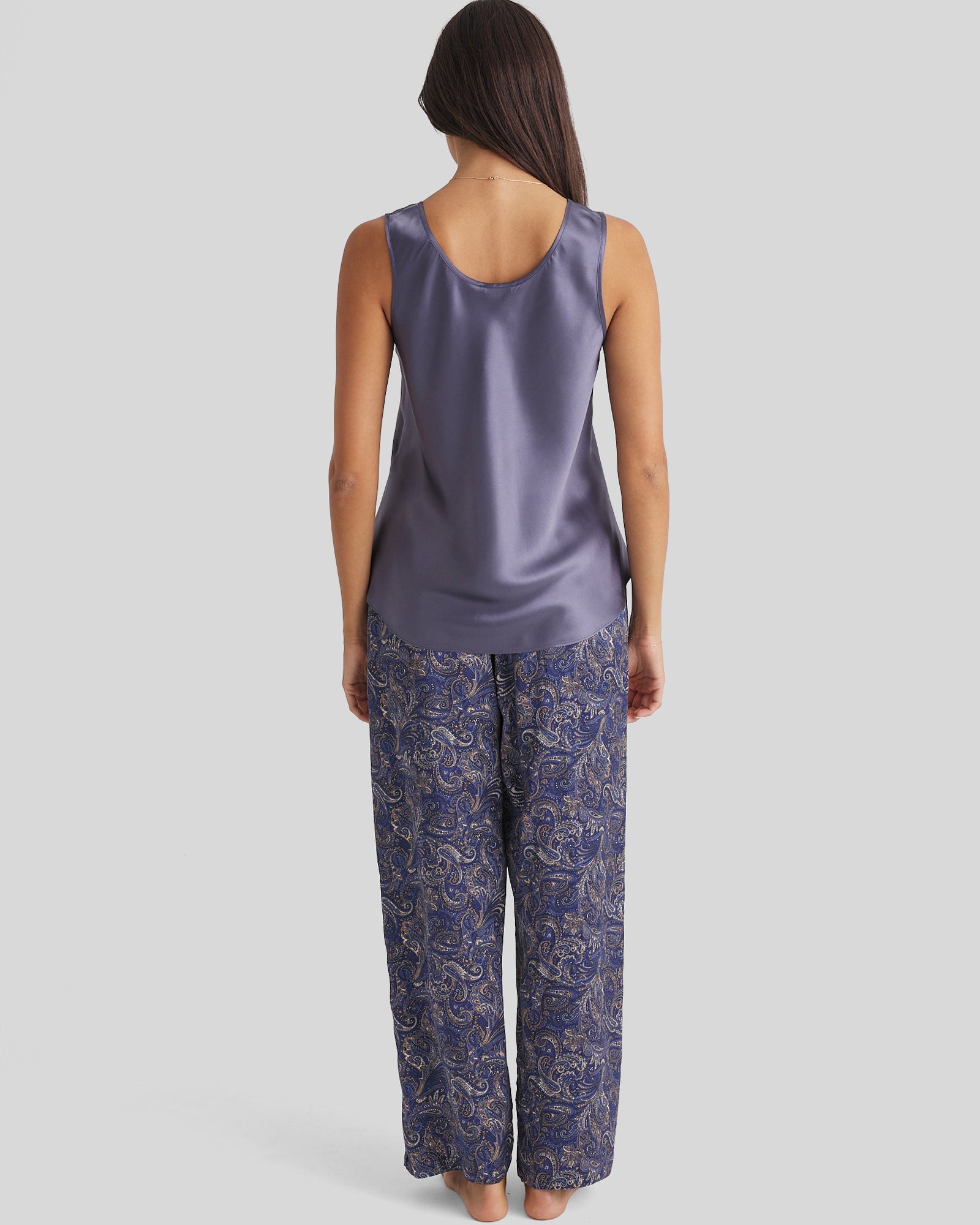 Soft lavender satin tank top with rounded neckline over blue paisley silk pyjama pant