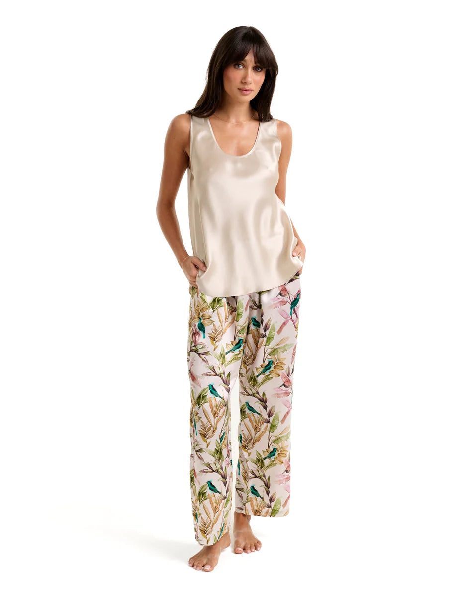 Cream-colored satin mono silk cami tank top with a soft flowing silhouette perfect for elegant layering