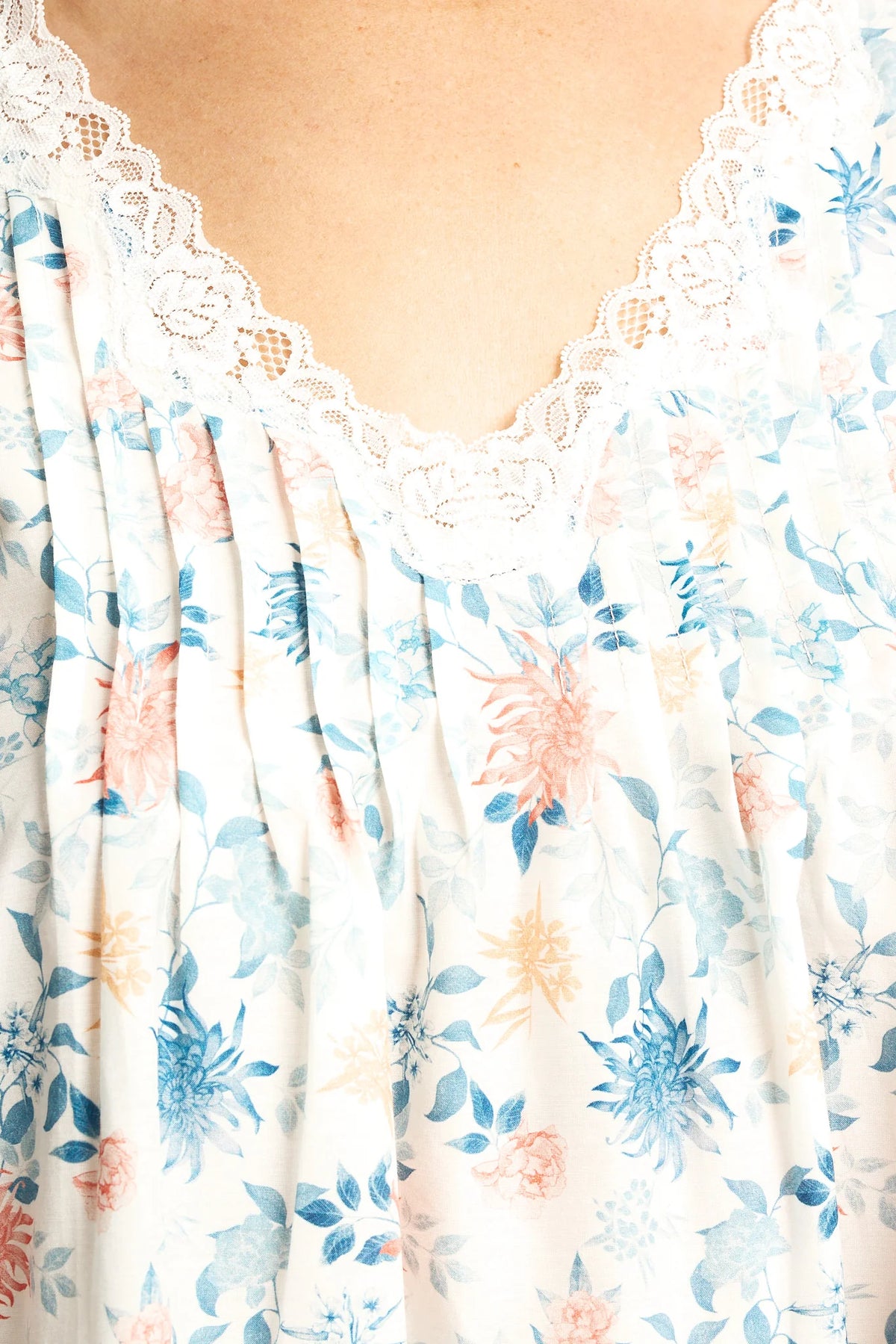 Cotton silk nightie with an off-white soft blouse featuring blue peach floral pattern and white lace neckline