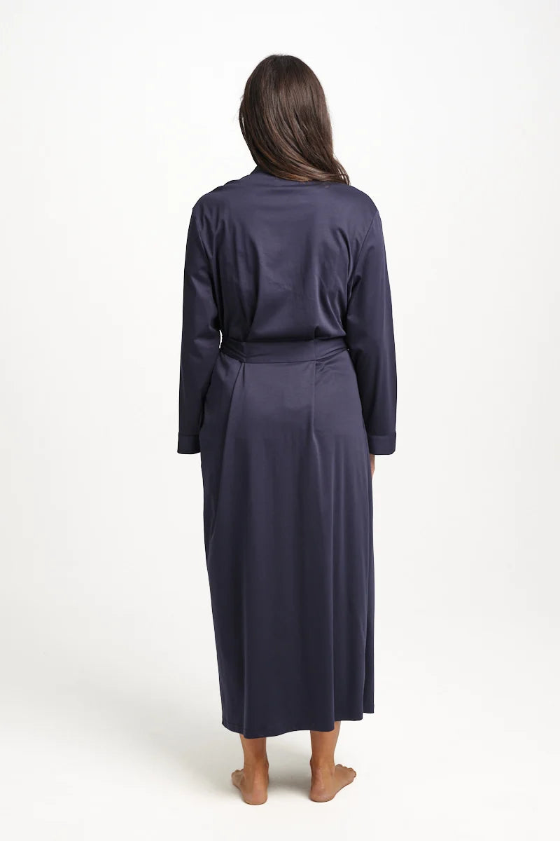A navy blue satin supima cotton robe with belted waist and long sleeves for comfortable loungewear