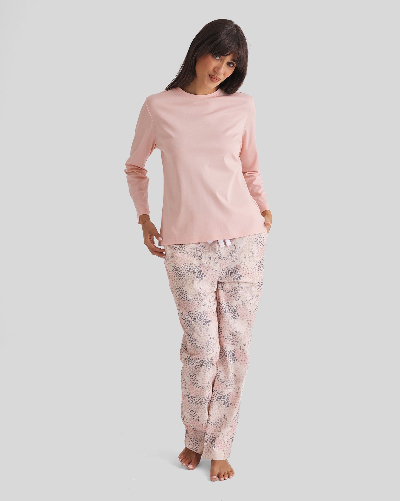 Soft pink long-sleeved pajama top from Cotton Pyjama Set with relaxed fit and ribbed cuffs