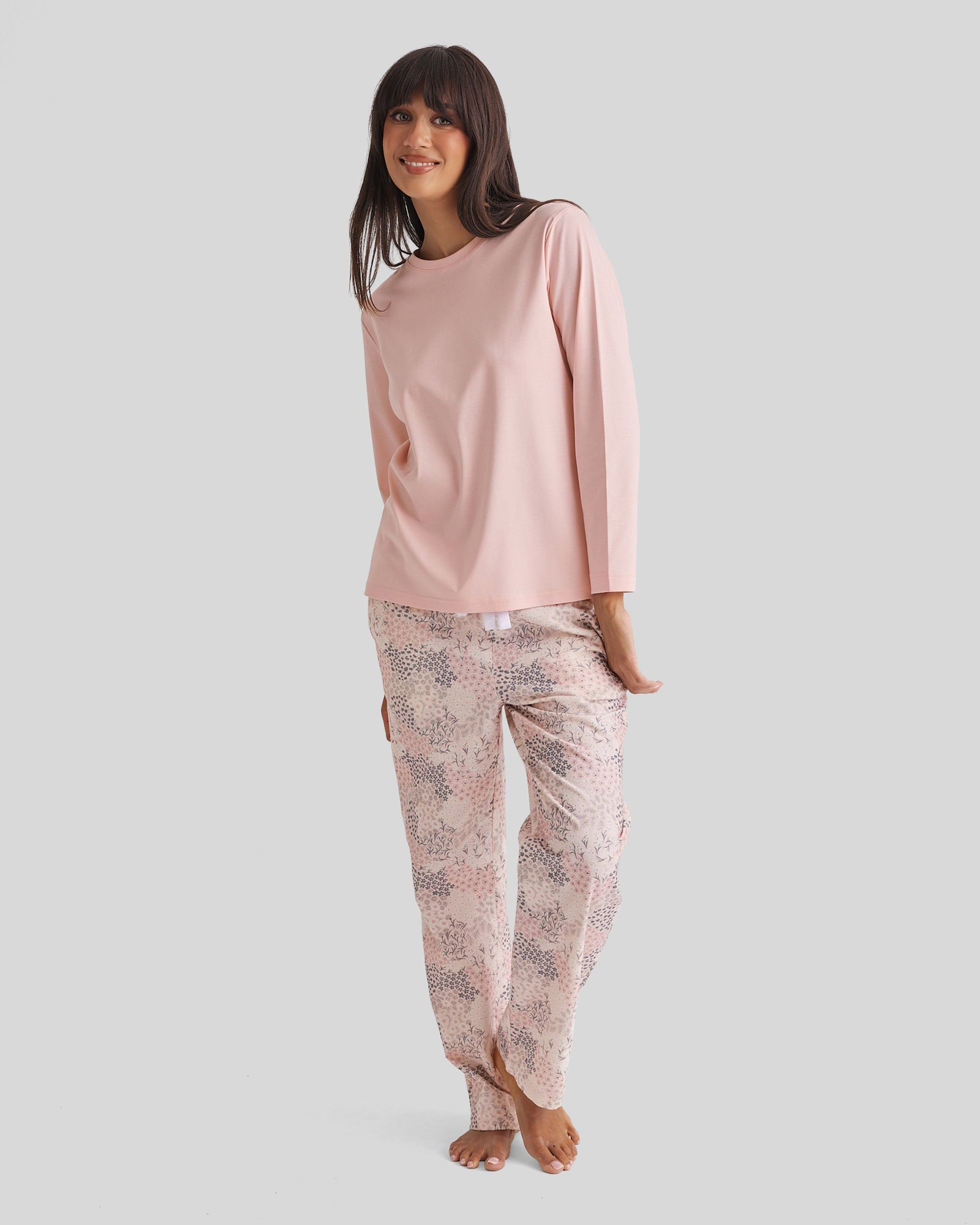 Soft pink long-sleeved top from Cotton Pyjama Set, relaxed fit textured