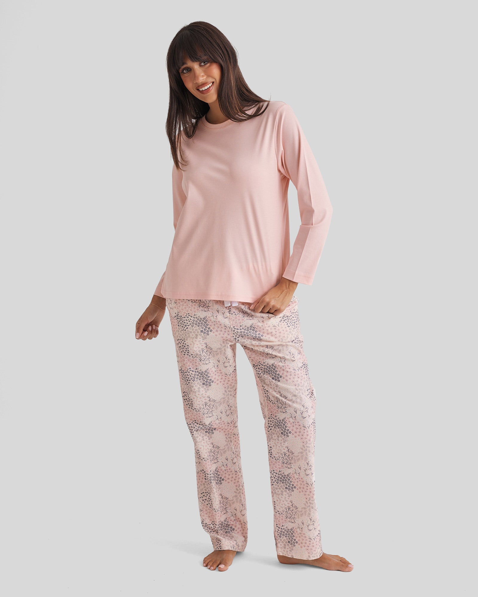 Soft pink long-sleeved top from Cotton Pyjama Set, relaxed fit textured