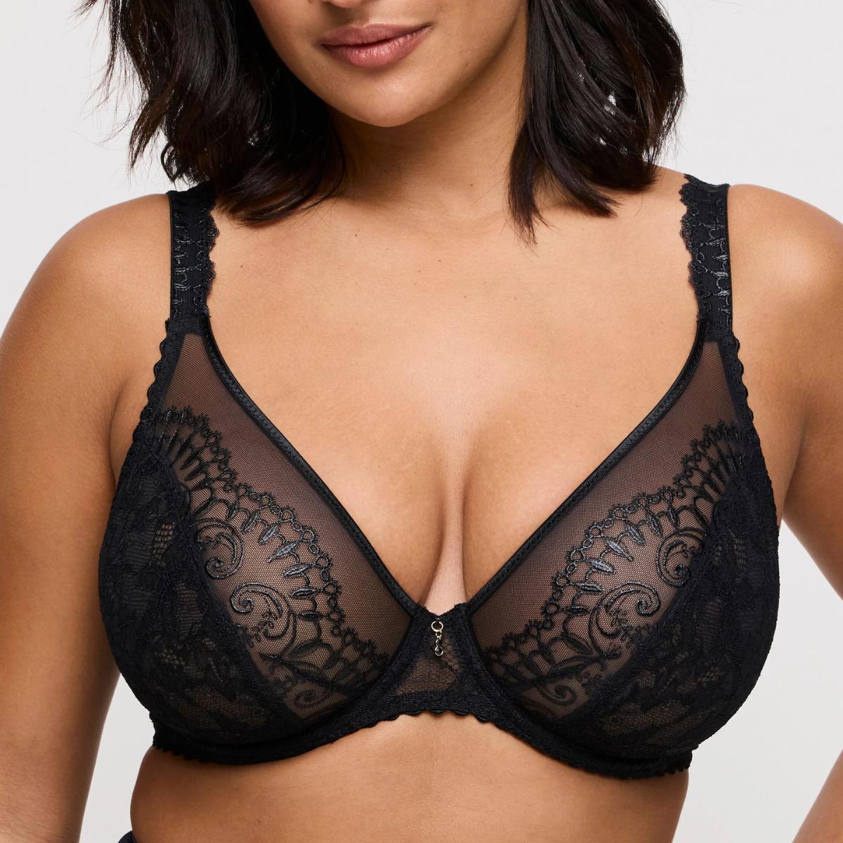 Shimla Plunge Bra in black lace with floral patterns and sheer mesh