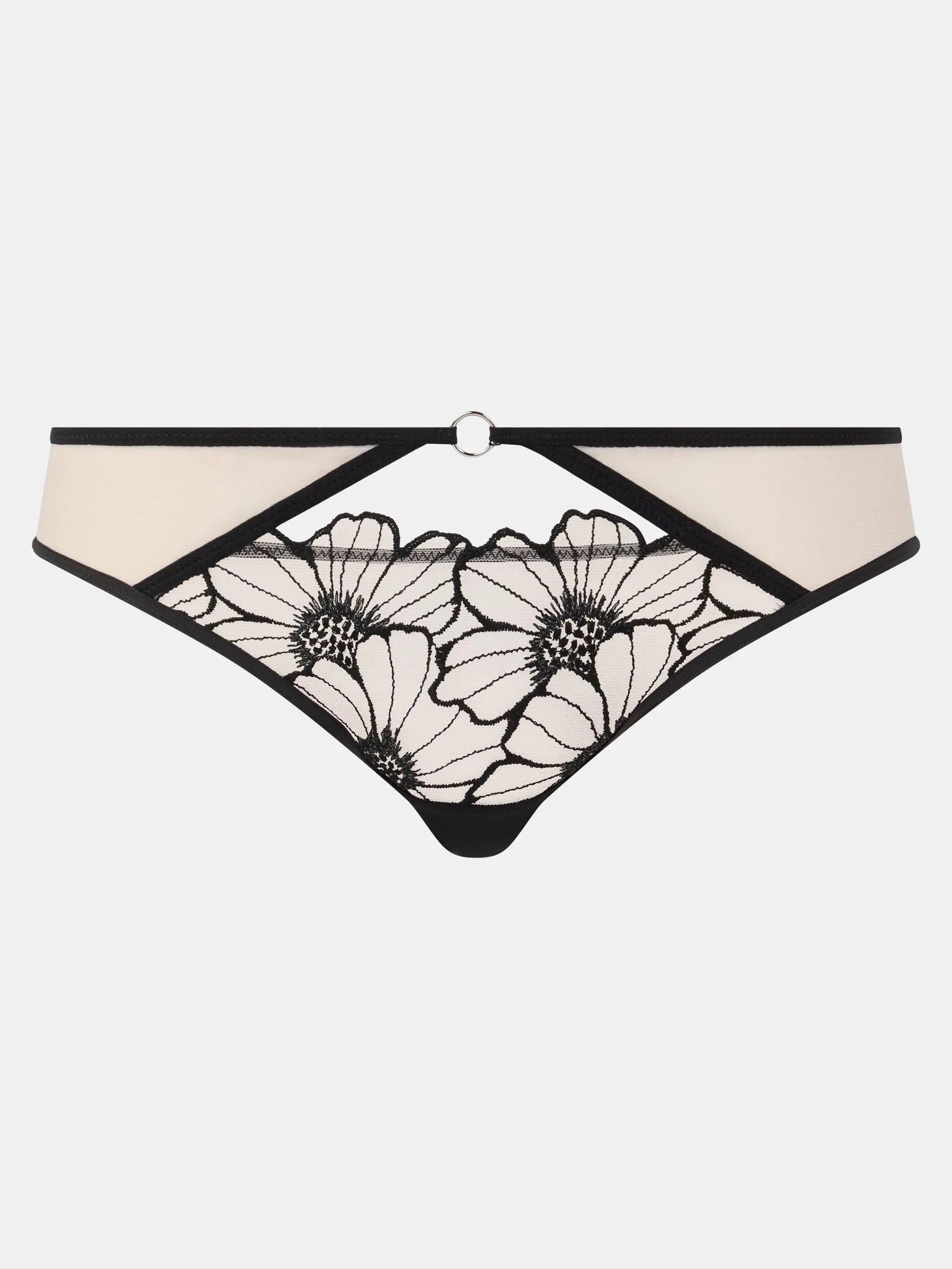 Black and cream floral lace thong with metallic ring front detail from the lush brief collection