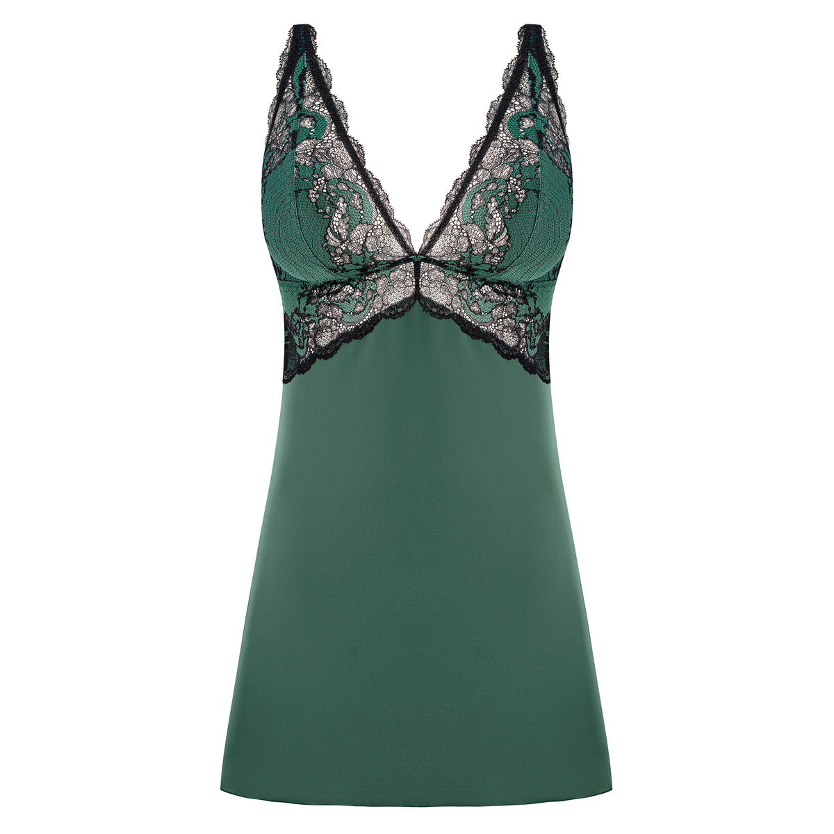 Emerald green satin modern affair chemise with black lace trim and a v-neckline for elegant nightwear