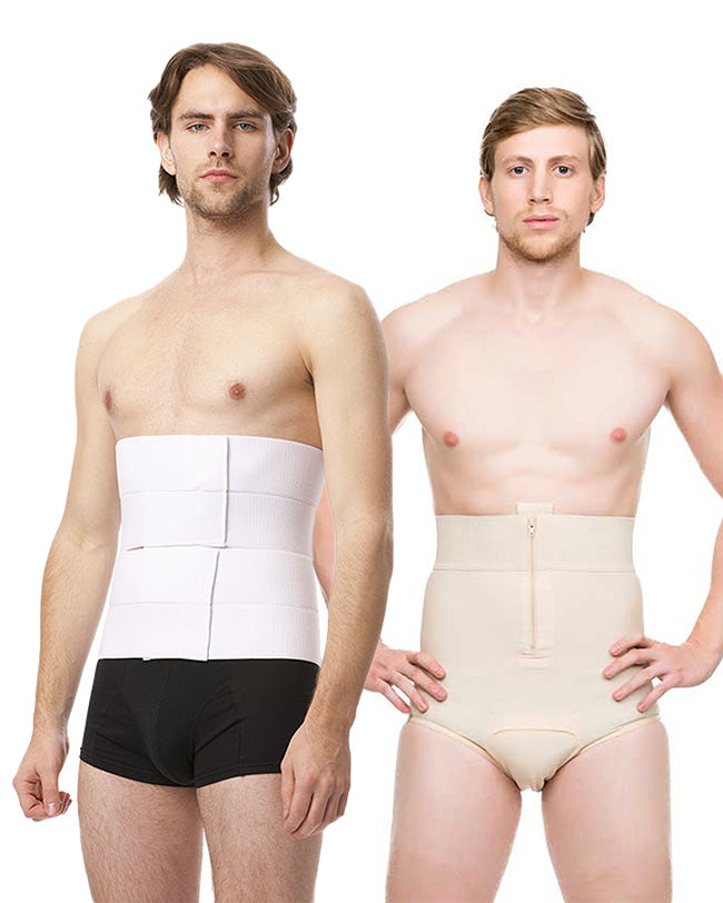 Men wearing compression binder and compression brief