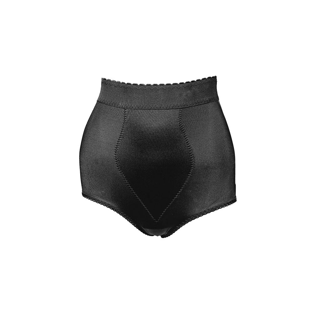 Black high waist padded panty light control shapewear briefs with scalloped elastic waistband and matching trim