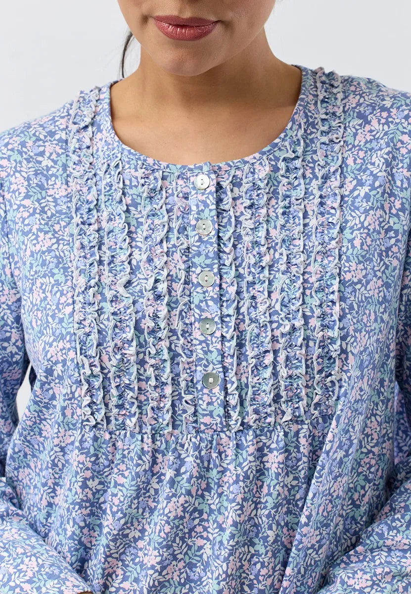 Flowerette Ruffle Nightie: soft blue floral blouse with pink blossoms and ruffles