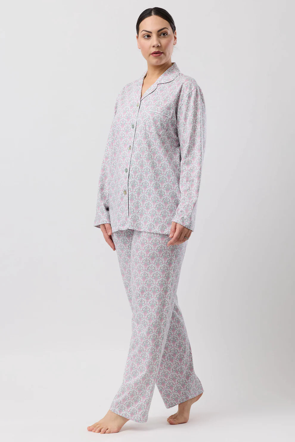 Oriental PJ Set: soft gray pajamas with small geometric pattern