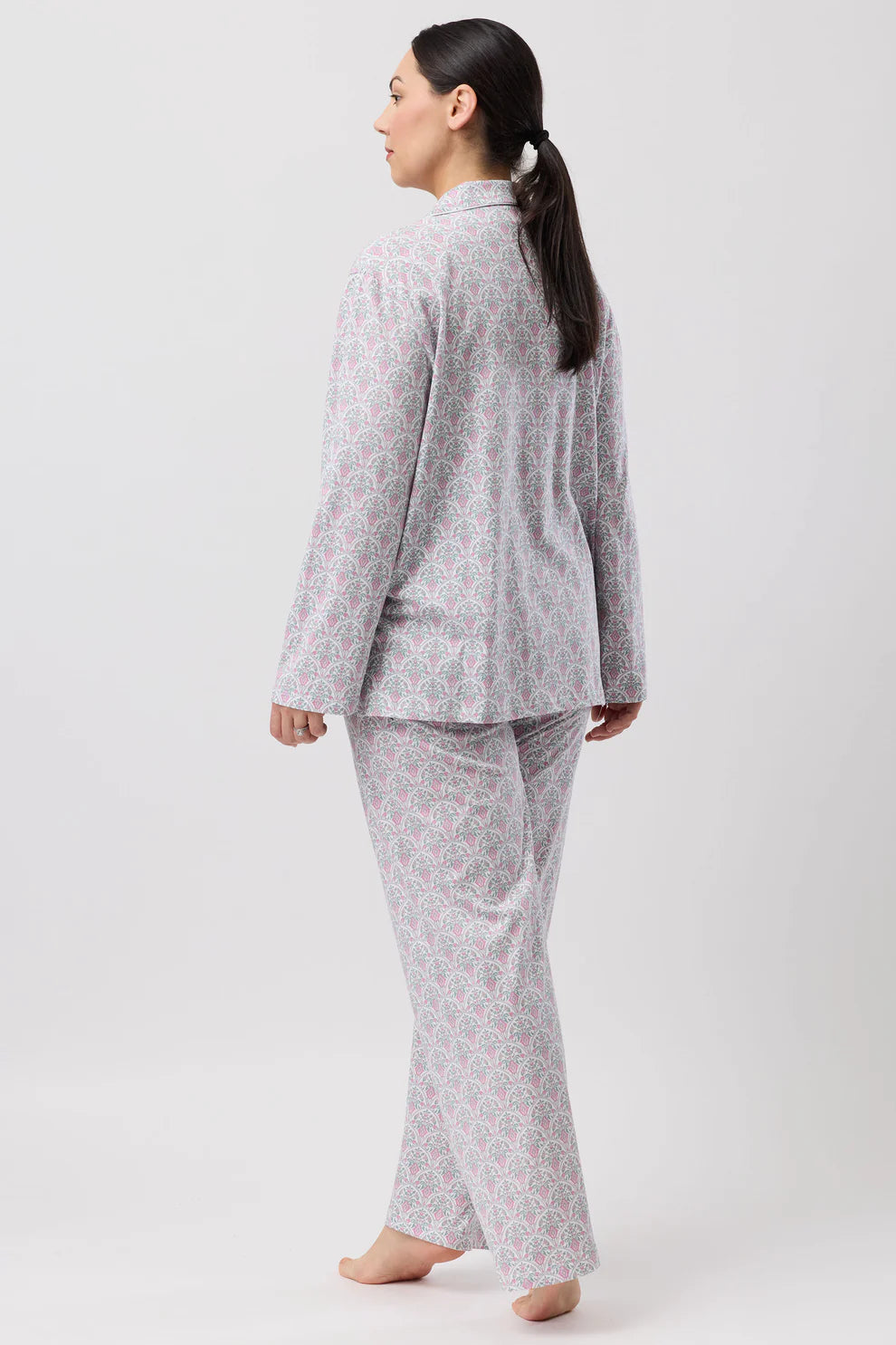 Oriental PJ Set: soft gray pajamas with muted pink floral pattern