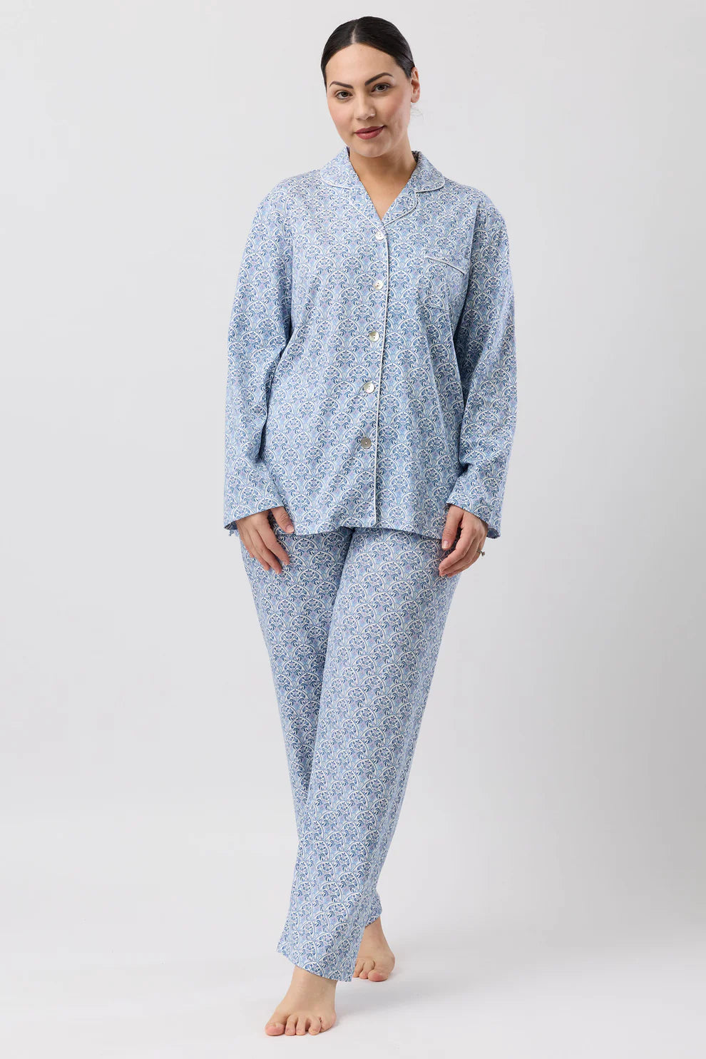 Oriental PJ Set: light blue floral pajamas with long sleeves and pants