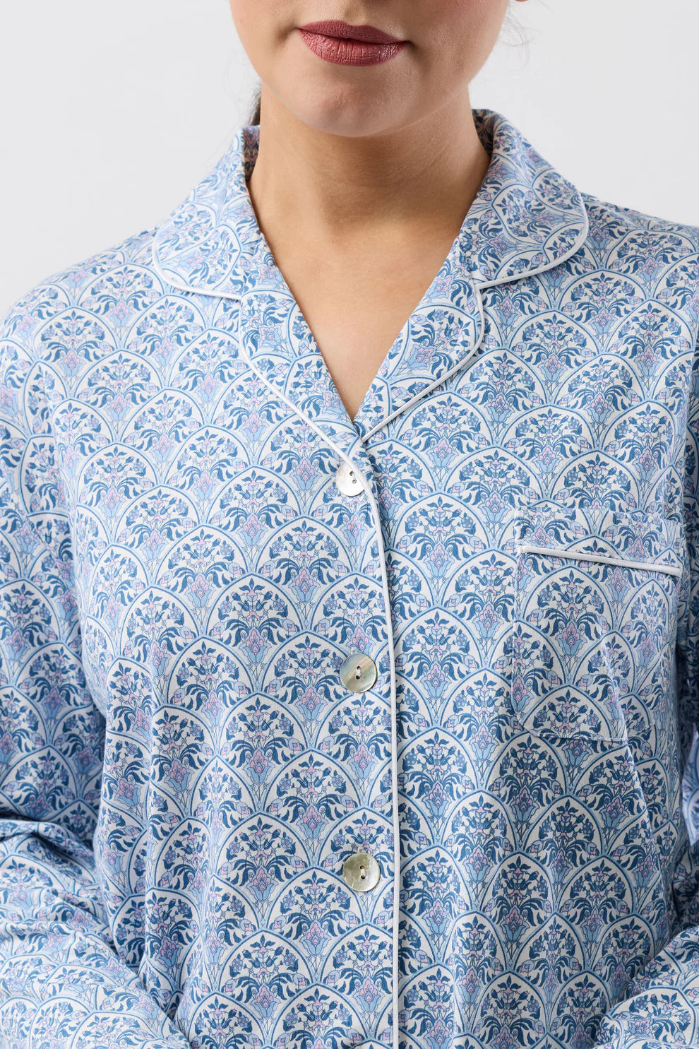 Oriental PJ Set blue white patterned pajama top with arch design