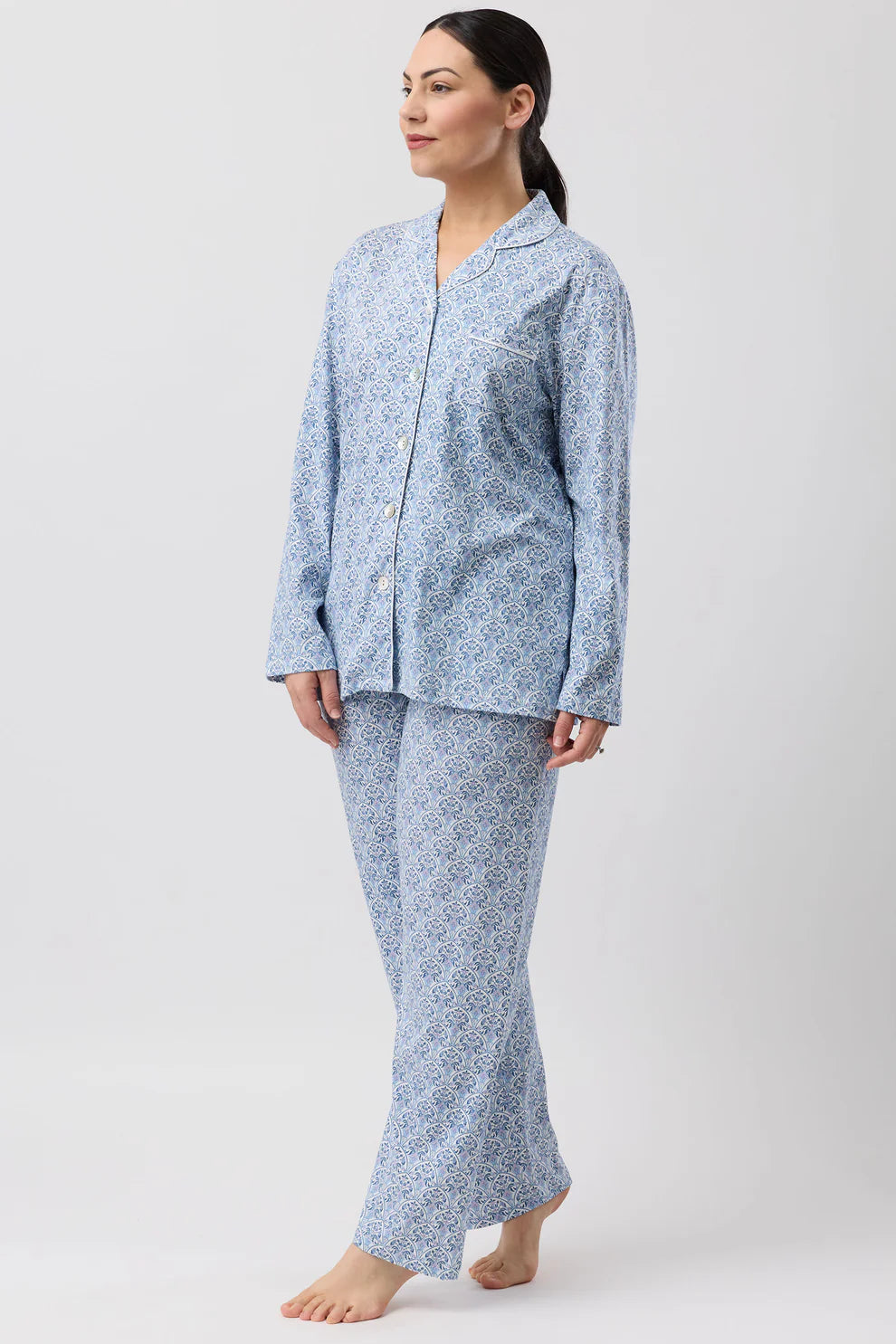 Oriental PJ Set: light blue pajamas with white floral pattern, long sleeves, flared pants