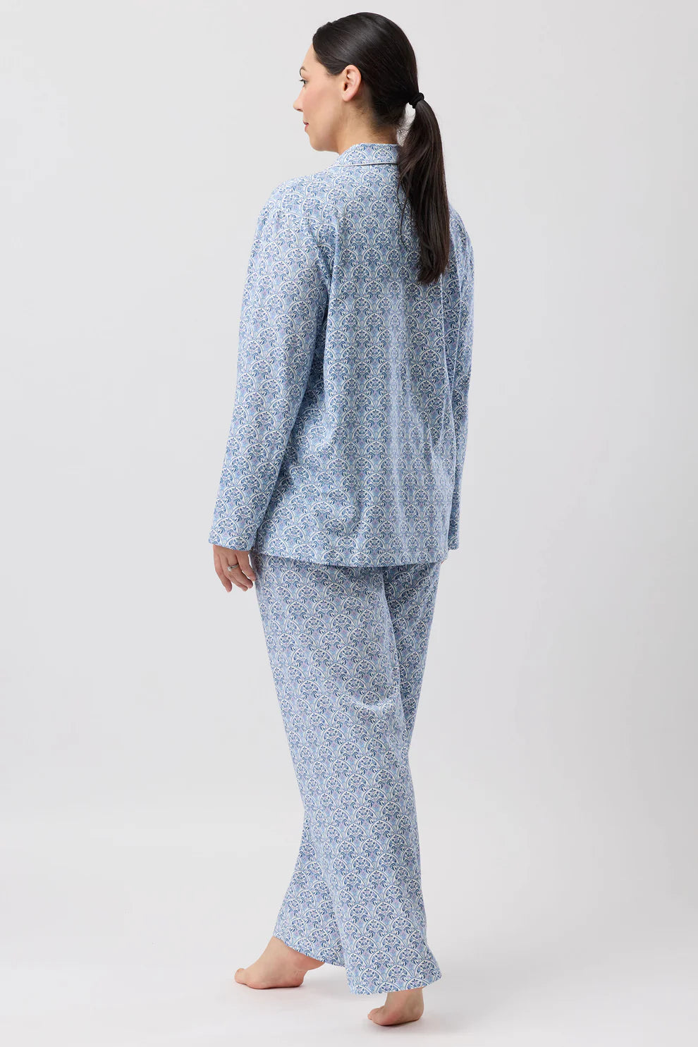 Oriental PJ Set: light blue pajamas with white floral pattern, long sleeves, wide-leg pants