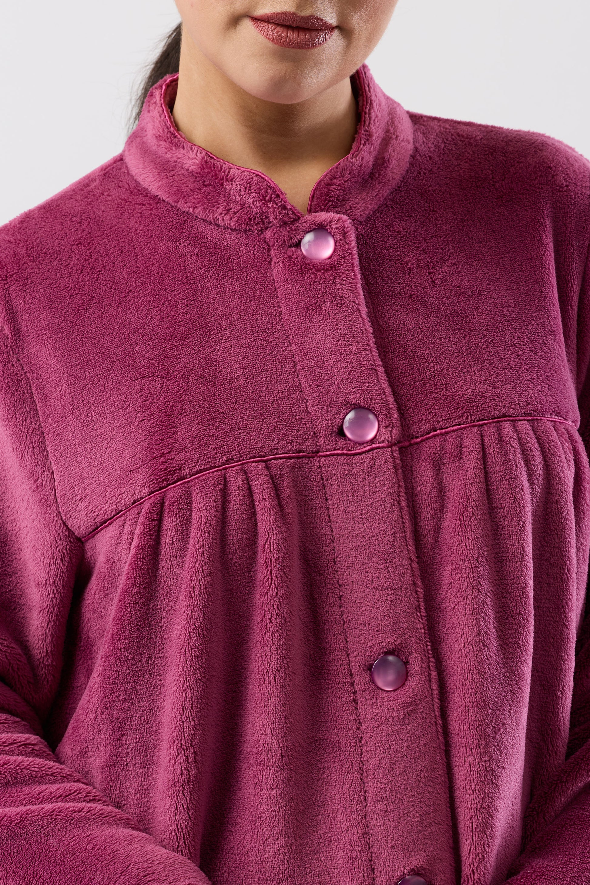 Button Gown Mid plush deep magenta fleece pajama top with buttons