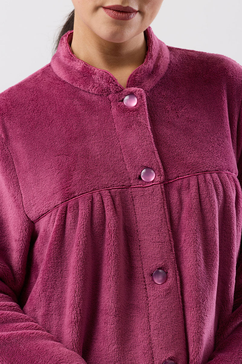 Button Gown Mid plush deep magenta fleece pajama top with soft textured surface and matching button closures