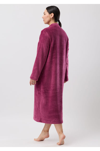 Button Gown Mid plush deep magenta velour bathrobe with classic collar