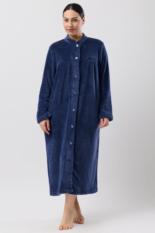 Navy blue Button Gown Mid plush robe with button front and long sleeves