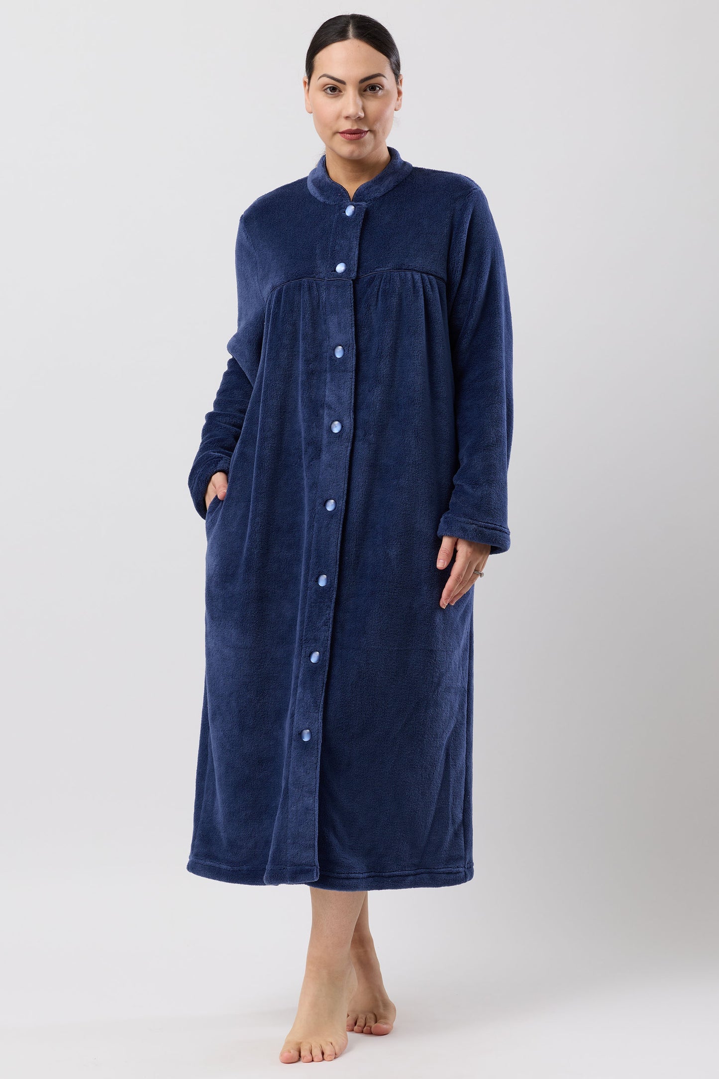 Navy blue Button Gown Mid plush robe with button front and long sleeves