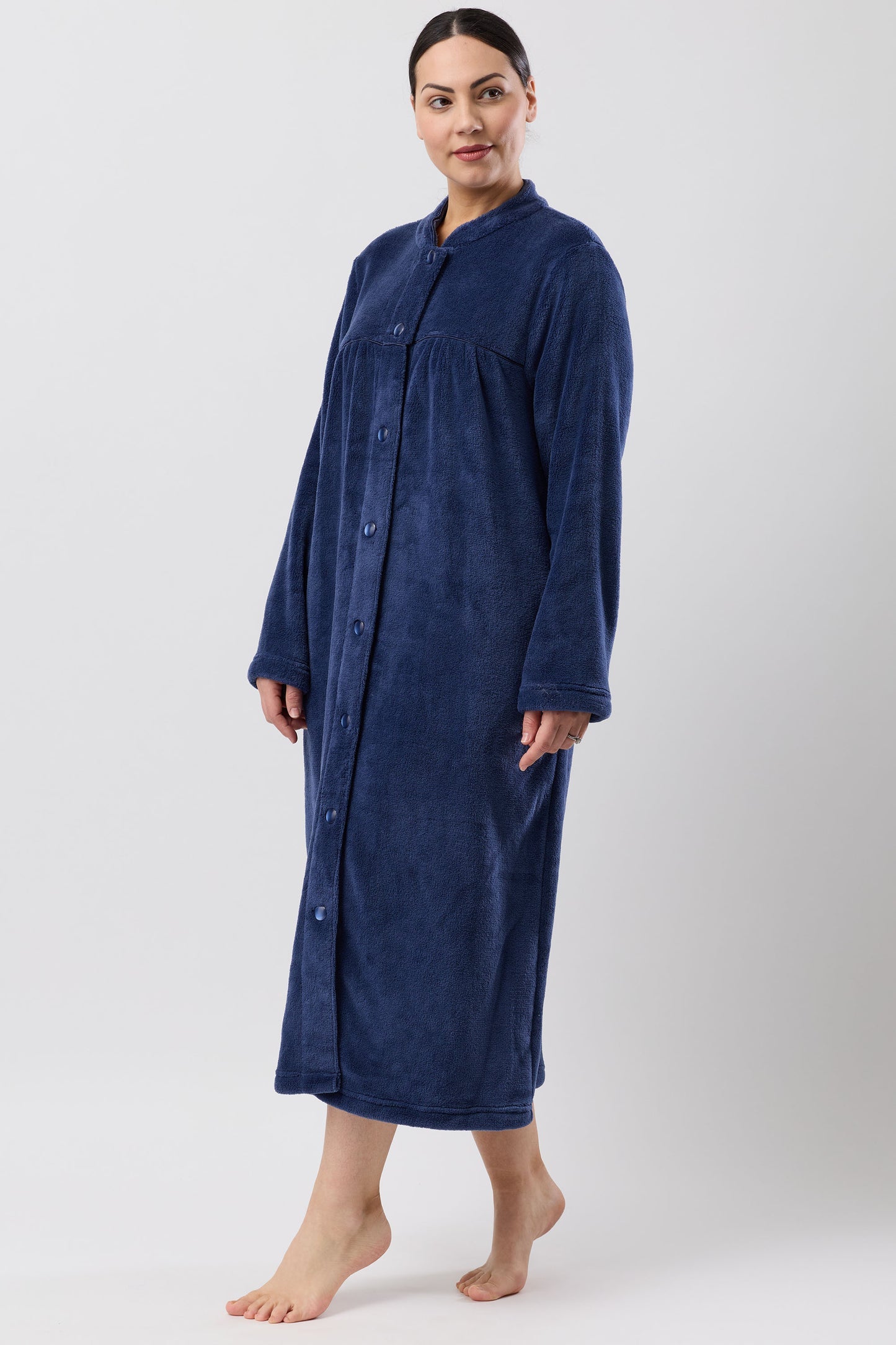 Navy blue Button Gown Mid plush robe with button front and long sleeves