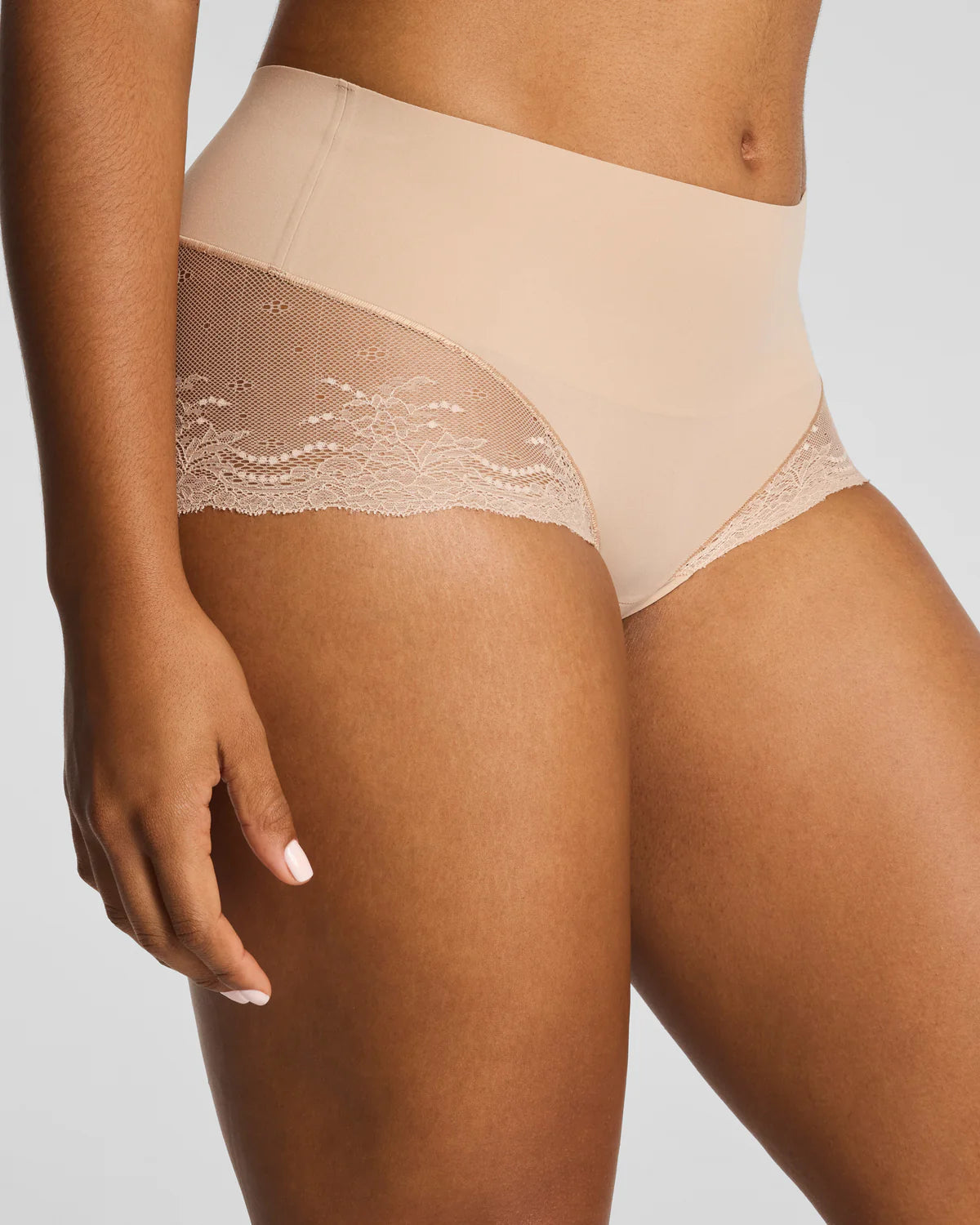 Lace Hi-Hipster beige high-waisted briefs with lace side trim