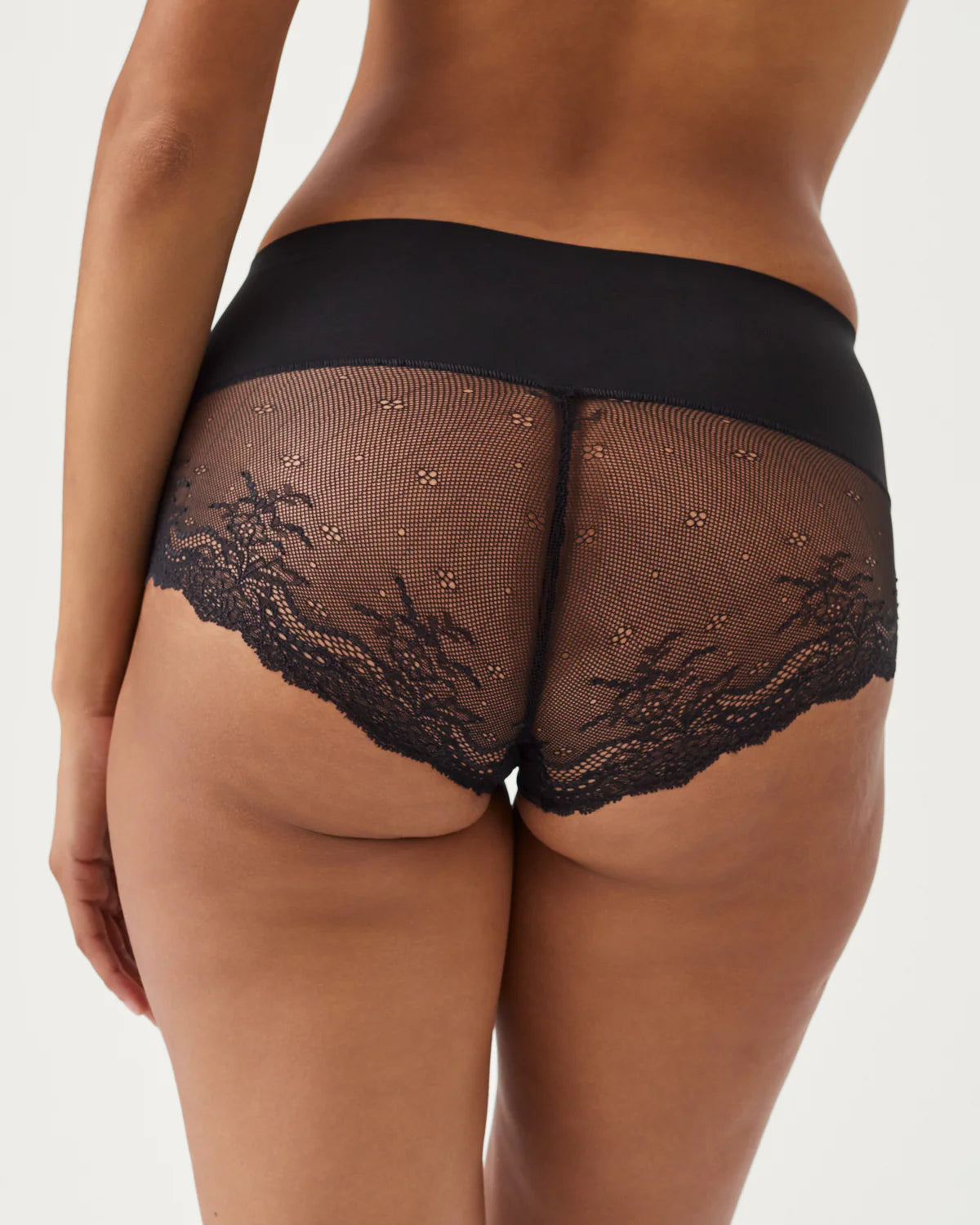 Lace Hi-Hipster black lace underwear with solid waistband and floral embroidery
