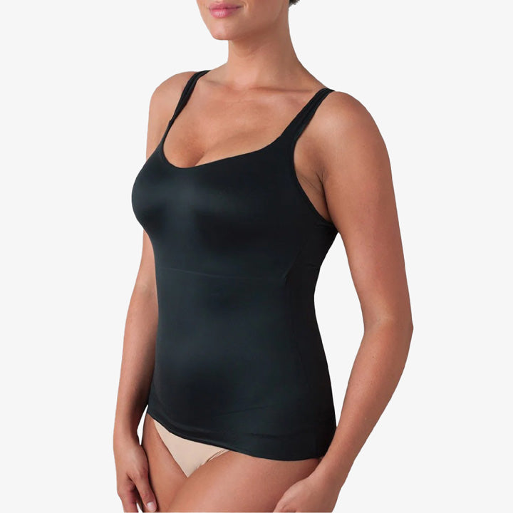 Black shaping tank top worn by a model on a white background