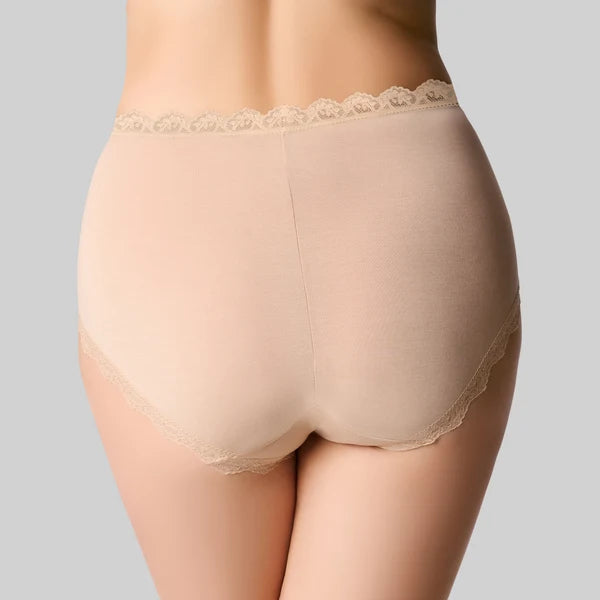 Beige bamboo lace-trimmed high-waisted brief with hi cut design for comfortable everyday wear