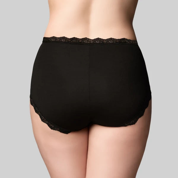 Black lace-trimmed bamboo lights hi cut brief showcasing soft bamboo fabric and elegant lace detailing