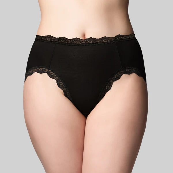 Black high-waisted bamboo briefs with delicate lace trim along waistband and leg openings in hi cut style