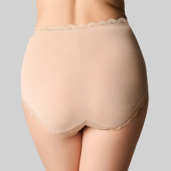 Beige high-waisted bamboo lights full brief with delicate lace trim along waistband and leg openings