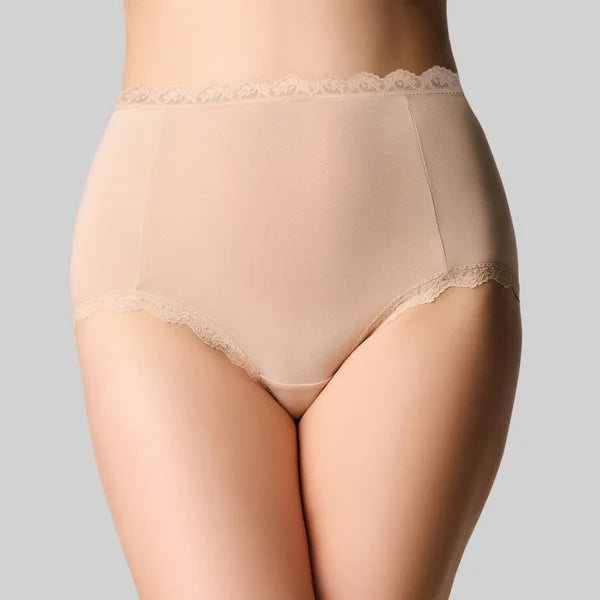Beige bamboo lights full brief high-waisted underwear with delicate lace trim on waistband and leg openings