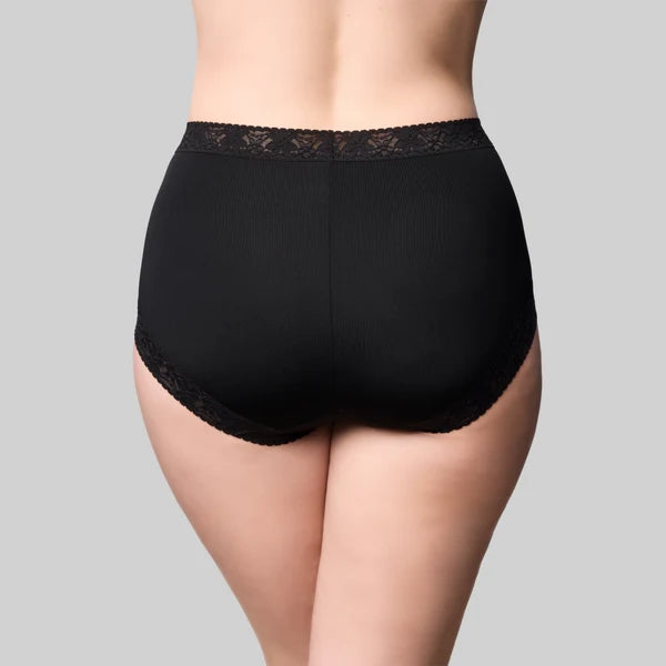Black cotton and lace full brief high waisted with delicate lace trim on waistband and leg openings