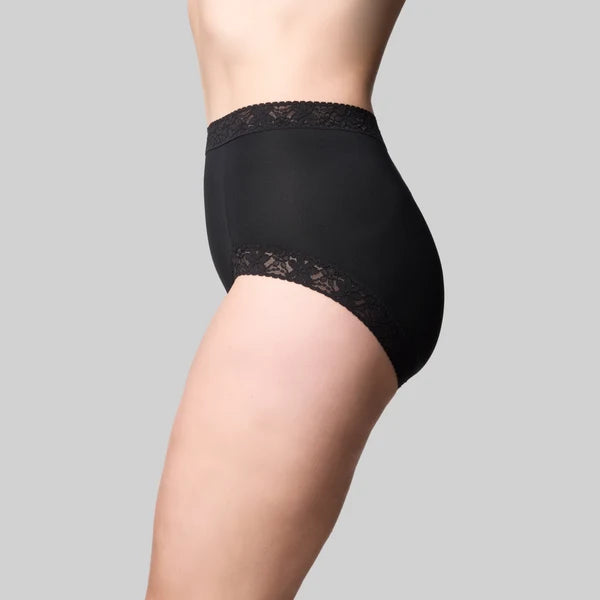 Black cotton and lace full brief underwear with high waist and delicate lace trim at waistband and leg openings