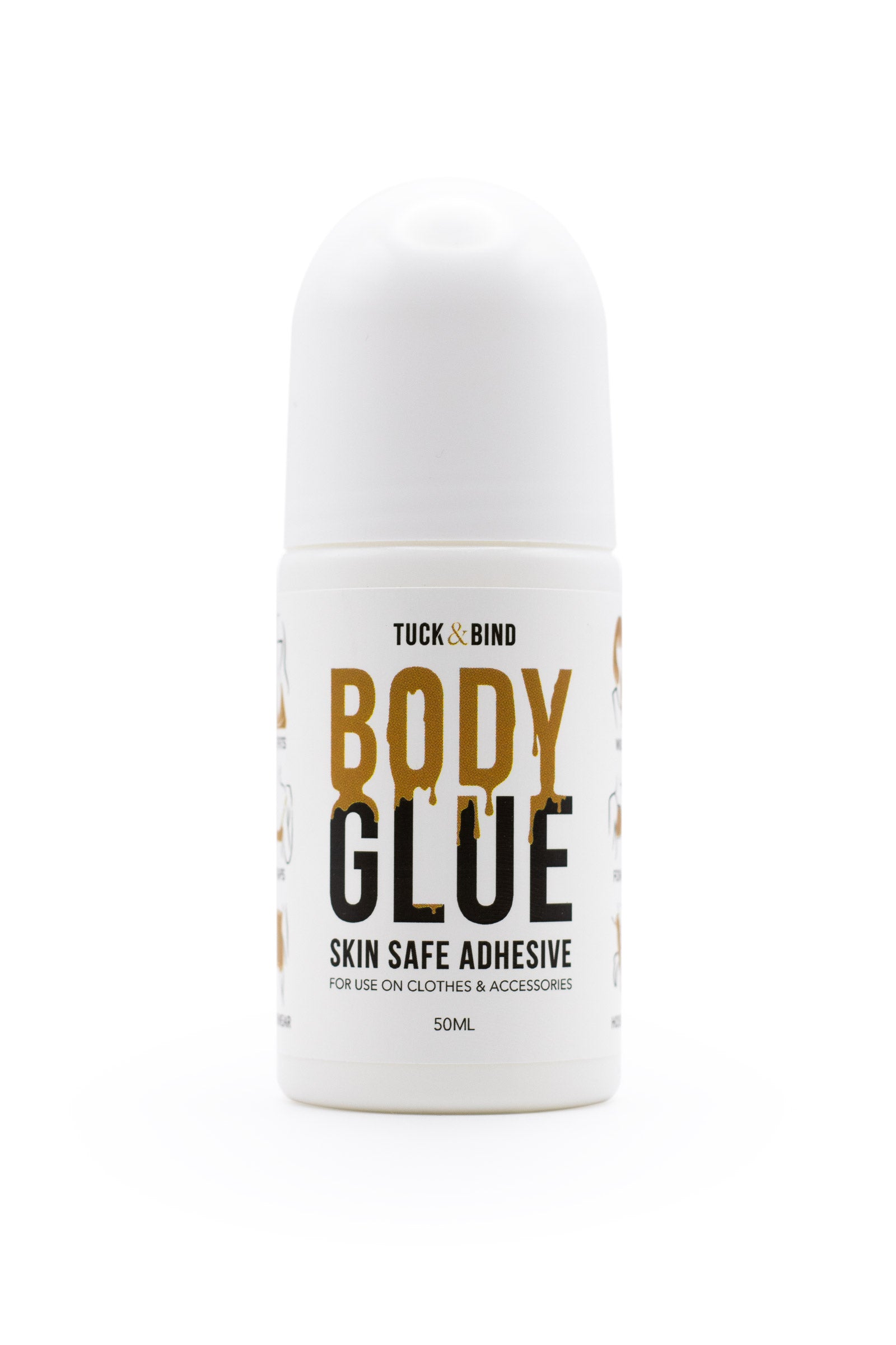 White roll-on bottle of tuck & bind body glue 50ml skin safe adhesive for clothes and accessories
