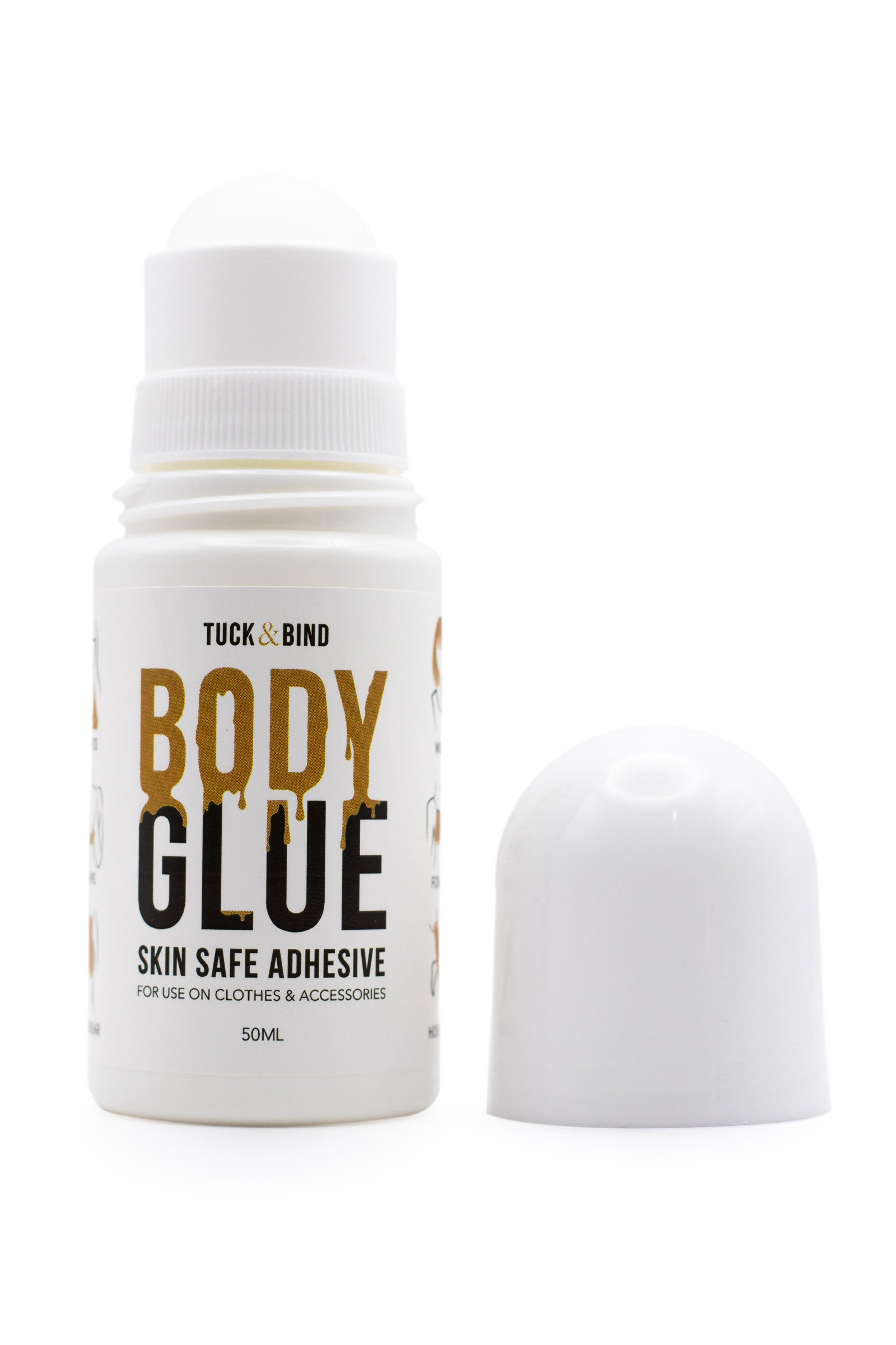White roll-on bottle of tuck and bind body glue 50ml skin safe adhesive for clothes and accessories use
