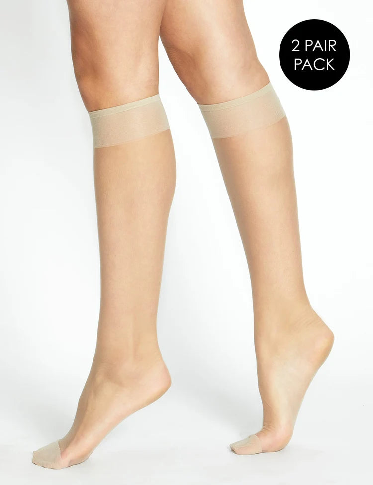 Beige ultra sheer knee high socks two pairs pack made of lightweight material for comfortable wear