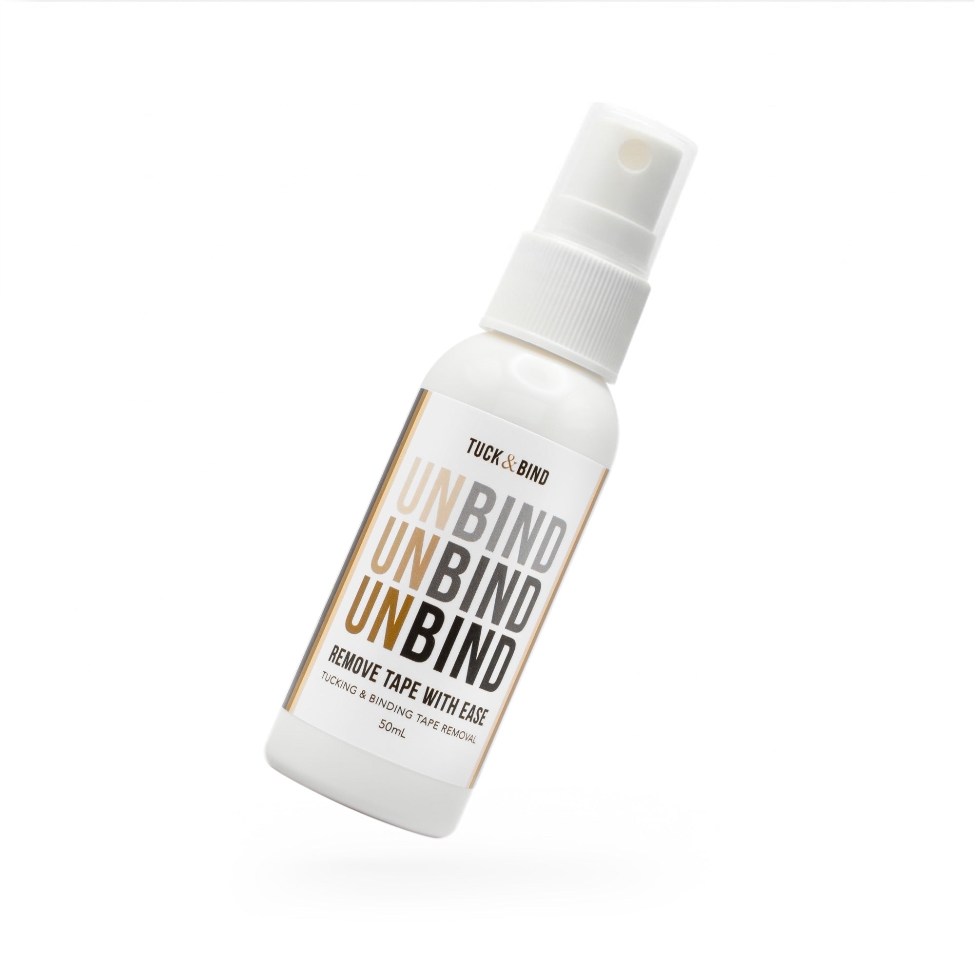 UNBIND Adhesive Removal Spray: white bottle with tuck & bind label
