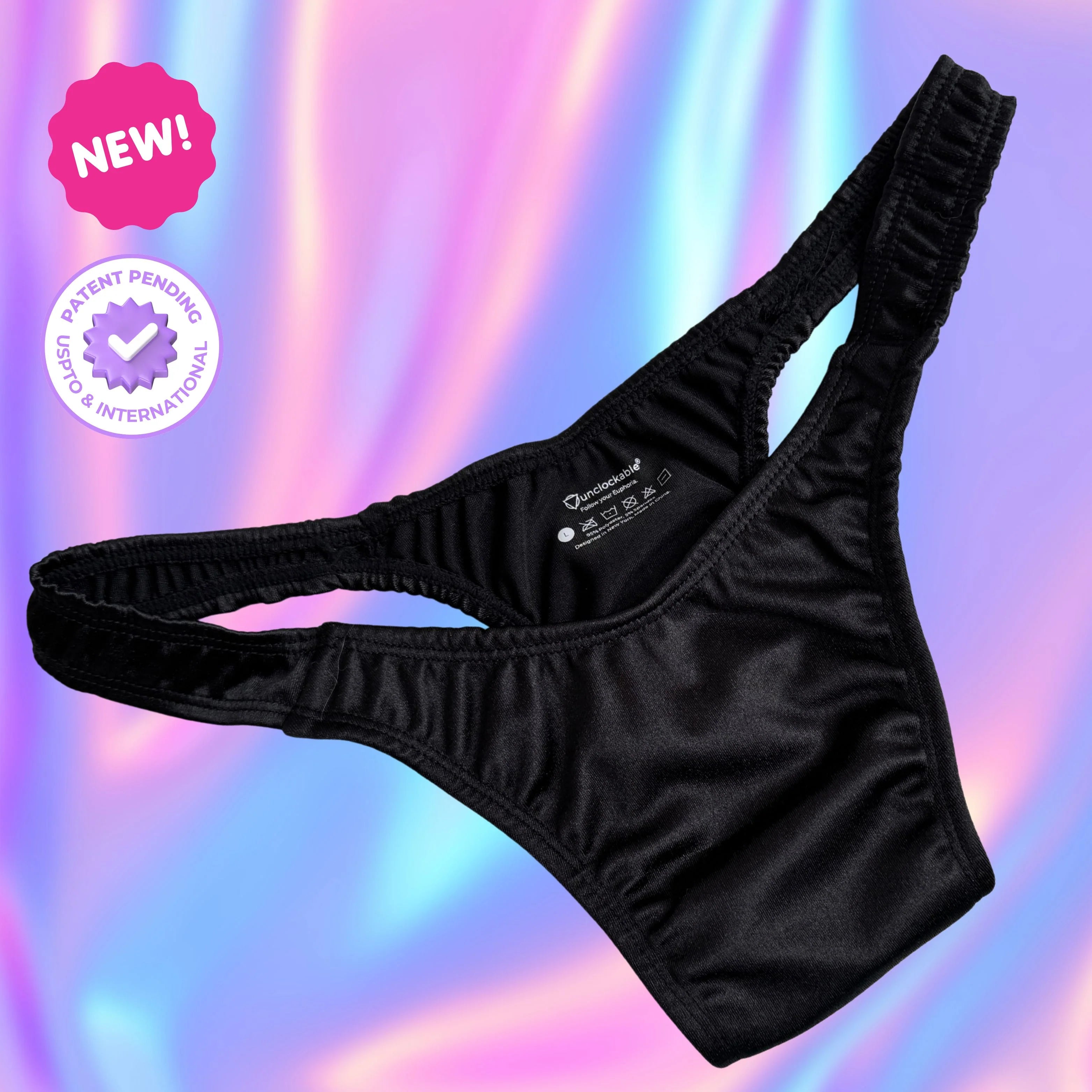 Black satin FEMME Everyday Tuckwear thong with ruched straps